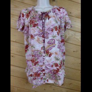 Betty's Blue L Pink Hawaiian Floral Rainbow Short Sleeve Tunic Blouse